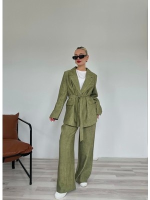 Kadın Keten Ceket Pantolon Takım Haki