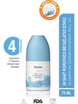 Zaroza Roll On Beyazlatma Etkili 24 Saat Koruyucu Aluminyum Içermeyen Erkek 75 ml
