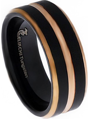 Erkek Üç Sıra Rose Detay Siyah Tungsten Yüzük
