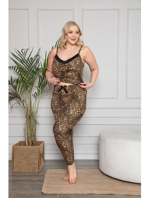Büyük Beden Leopar Desenli Dantel Detaylı Şortlu ve Taytlı Pijama Takımı 3'lü Set 80013