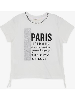 Breeze Kız Çocuk Tişört Yazı Baskılı Simli Yanları Büzgülü 9-14 Yaş, Ekru