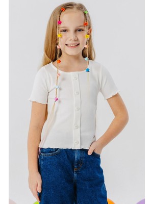 Breeze Kız Çocuk Tişört Düğme Aksesuarlı 8-14 Yaş, Ekru