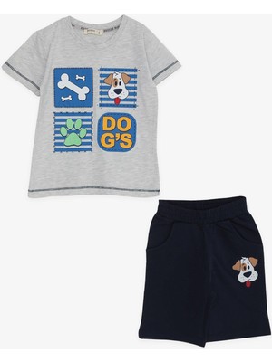 Breeze Erkek Çocuk Şortlu Takım Sevimli Köpekçik 1-4 Yaş, Açık Gri Melanj