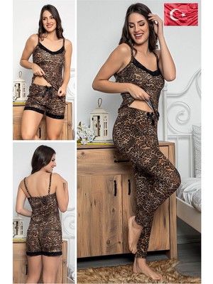 Kadın Leopar Desenli Dantel Detaylı Şortlu ve Taytlı Pijama Takımı 3'lü Set 75000