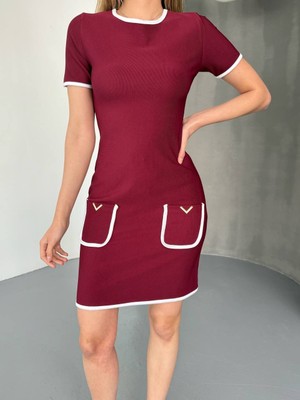 Kadın Kısa Kol Ottoman Kumaş Biyeli ve Aksesuarlı Süs Cepli Kısa Elbise