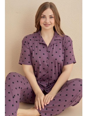 Cotonhause Kadın Büyük Beden Kısa Kol Lila Pijama Takımı 50501-288