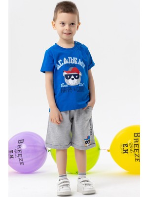 Breeze Erkek Çocuk Şortlu Takım Ayıcık Baskılı 1-4 Yaş, Saks Mavisi