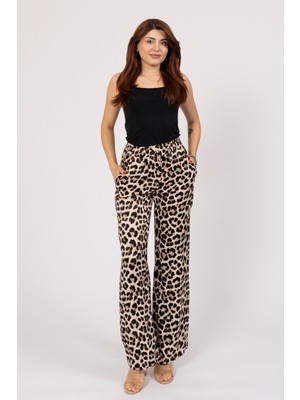 Beli Lastikli Floş Viskon Ipeksi Kumaş Rahat Kesim  Desenli Bol Paça Pantolon 30143