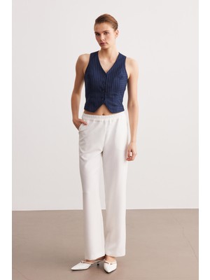 Beyaz Beli Lastikli Yüksek Bel Pijama Pantolon