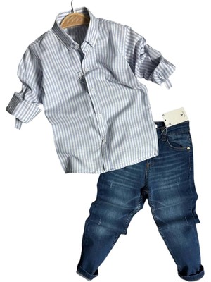 Riccotarz Erkek Çocuk Çizgili Keten Gömlek Lacivert Jean Pantolon Alt Üst Takım