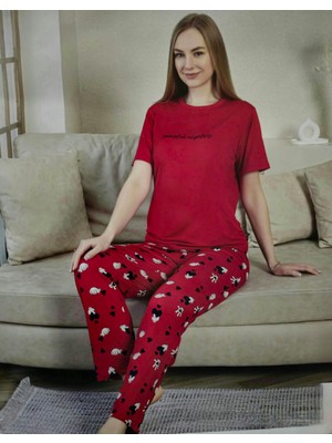 Kırmızı Desenli Kısa Kollu Yazlık Kadın Pijama Takımı