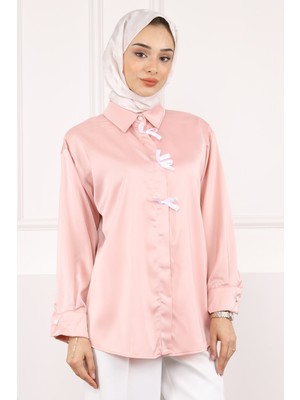 İmaj Butik Pudra Fiyonklu Saten Gömlek