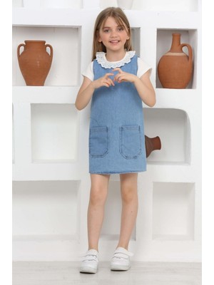 Kız Çocuk 2'li Jean Elbise (Çift Cepli Jean ELBISE+BLUZ)12203