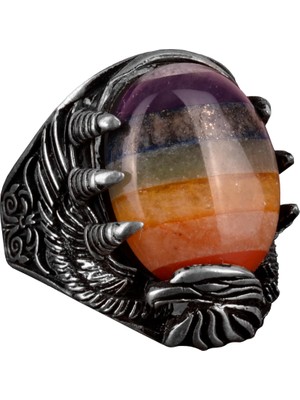 925 Ayar Gümüş Erkek Yüzük, Şahin Pençesi Yüzüğü, 7 Çakra Doğal Taşlardan Oluşan Yüzüğü, Gökkuşağı Yüzüğü