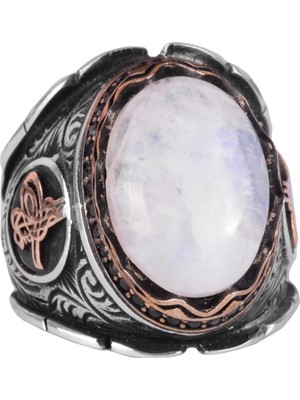 Doğal Ay Taşı Yüzük, 925 Ayar Katı Gümüş Erkek Yüzük - El Yapımı Şıklık