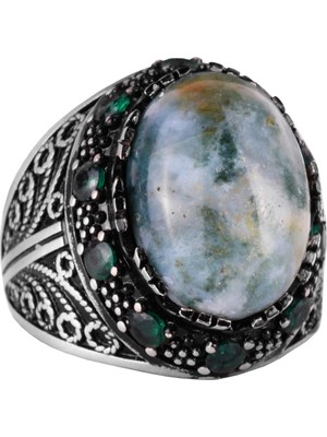 Doğal Saman Agat Taş Yüzük - 925 Ayar Gümüş Erkek Takısı - El Yapımı Yüzük