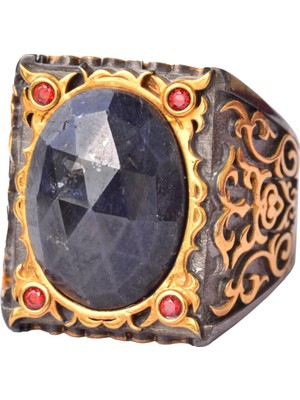 Erkek Sterlin Gümüş Sultan Yüzük - Doğal Safir Taşı