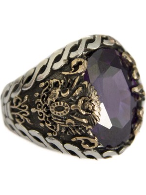 Osmanlı Imparatorluğu Tuğrası ile Gümüş Erkek Yüzük, Yapay Ametist Taşı - Şık ve Zamansız Tasarım