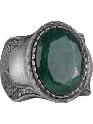 Doğal Taş Yüzük Erkekler Için, 925 Ayar Gümüş Yüzük, (Zümrüt)