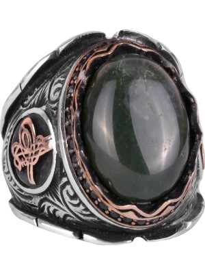 925 Ayar Katı Gümüş Erkek Yüzük, Yosunlu Akik Taş Yüzük, Osmanlı Tuğra Taş Yüzük - El Yapımı Şıklık