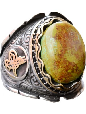 El Yapımı 925 Ayar Gümüş Erkek Yüzük, Arizona Turkuaz Taşı - Karmaşık Osmanlı Işlemeli Tasarım - Özgün Gümüş Yüzük