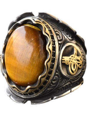Doğal Kaplan Gözü Taşı ile El Yapımı 925 Ayar Gümüş Erkek Yüzük - Ayrıntılı Osmanlı Mühür Tasarımı - Taş Yüzük