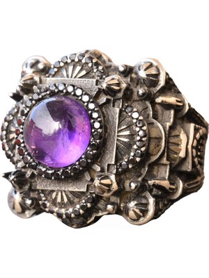Erkekler Için Lüks 925 Ayar Gümüş Yüzük - Doğal Ametist Taşı ile Şahane ve Görkemli Tasarım