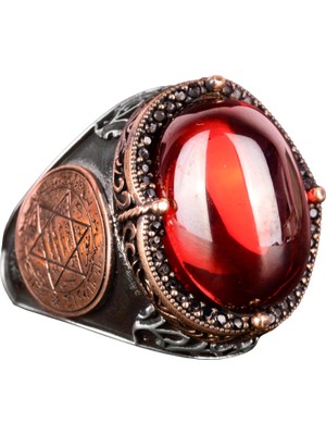 David Yıldızı Yüzük, Yapay Taş Yüzük, 925 Ayar Gümüş Süleyman Yüzüğü (Cabochon Yapay Garnet Taşı)