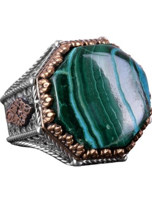 Doğal Taş Yüzük - Sekizgen Tasarım - El Yapımı 925 Ayar Gümüş Takı (Krisokolla)