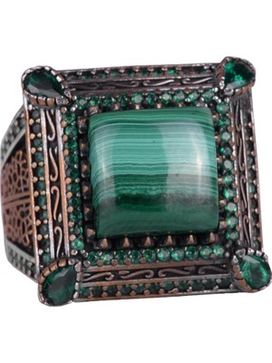 925 Ayar Gümüş Erkek Yüzük, Doğal Malakit Taşı ile - Lüks ve Farklı Tasarım (Malakit)