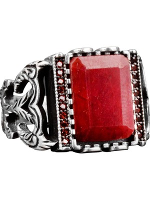 925 Ayar Gümüş Erkek Yüzük Doğal Yakut Taşı - Şık Kırmızı Taş Yüzük
