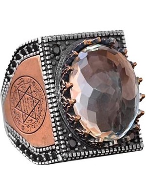 Doğal Citrin Taşı Yüzük, 17.45 Karat, Erkek Gümüş Yüzük, Süleyman Mührü Yüzüğü