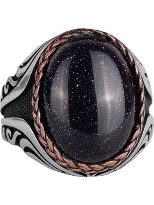 925 Ayar Gümüş Yüzük - Yapay Taş Gümüş Yüzük - El Yapımı Yüzük (Yapılmış Mavi Güneş)