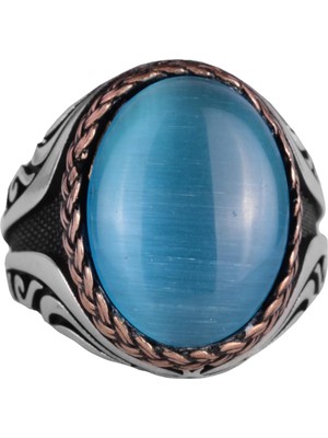 925 Ayar Gümüş Yüzük - Yapay Taş Gümüş Yüzük - El Yapımı Yüzük (Yapay Açık Mavi Kedi Gözü)