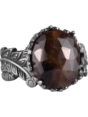 Doğal Taş Yüzük - El Yapımı 925 Ayar Gümüş Takı (Kahverengi Safir)