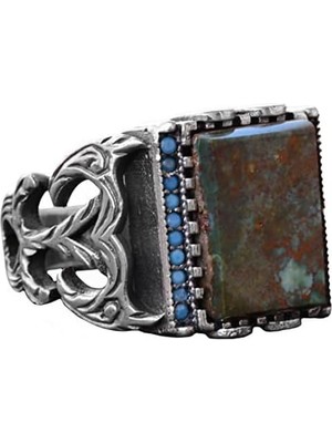 Doğal Arizona Turkuaz Taş Yüzük - Gümüş Özelleştirilmiş Erkek Yüzüğü