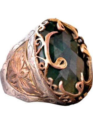 925 Ayar Gümüş Erkek Yüzük - Etnik Tasarım - Zümrüt Doğal Taş Yüzük