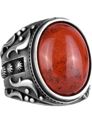 Doğal Kırmızı Kan Taşı Yüzük, 925 Ayar Sert Gümüş Yüzük, Tasarım Gümüş Erkek Yüzüğü