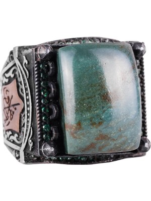 Sterling Gümüş Erkek Yüzük - Doğal Jade Taşlı - Islami Tasarım - El Yapımı Vintage Yüzük