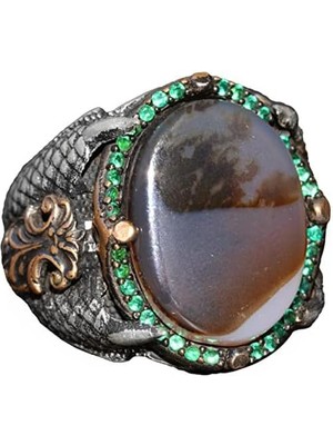 925 Ayar Gümüş Erkek Yüzük, Doğal Akik Taşı ile El Yapımı Vintage Tarzı Gümüş Yüzük