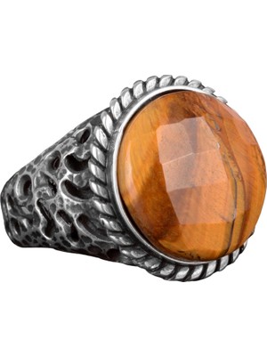 Doğal Kaplan Gözü Taşı Yüzük, 925 Ayar Gümüş Erkek Yüzük