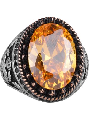 925 Ayar Gümüş Yüzük, Yapay Taş Yüzük, Kartal Sembol Yüzüğü, El Yapımı Yüzük (Yapay Sitrin)