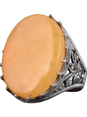 Doğal Kehribar Taş Yüzük, El Yapımı Büyük Yüzük, 925 Ayar Gümüş Yüzük