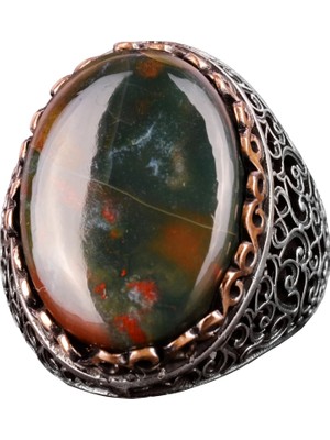 Doğal Kan Taşı Yüzük, 925 Ayar Gümüş Erkek Yüzüğü, Bizans Tarzı Büyük Yüzük