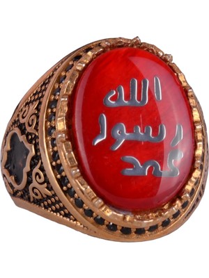 Erkek Islami Yüzük - 925 Ayar Gümüş Altın Kaplama Erkek Yüzüğü (Kırmızı)