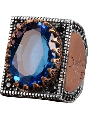 925 Ayar Gümüş Yüzük, Erkek Yüzük, Yapay Akuamarin Taşlı Yüzük,