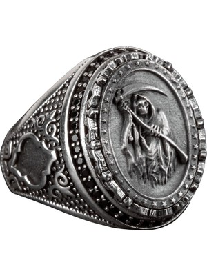 Kafatası Yüzük ile Azrail Tasarımı - 925 Ayar Gümüş Yüzük - El Yapımı Gotik Takı