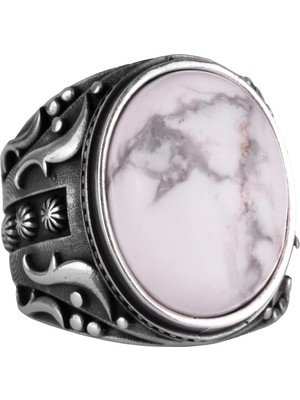 Doğal Howlite Taşlı Gümüş Yüzük, 925 Ayar Katı Gümüş Erkek Yüzüğü, Tasarım Gümüş Erkek Yüzüğü