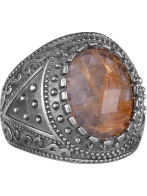 Doğal Taş Yüzük, 925K Katı Gümüş Erkek Yüzüğü (Rutilatlı Kuvars)