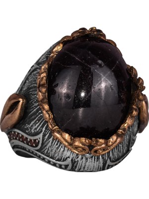 925 Ayar Gümüş Erkek Yüzük Doğal Star Garnet Taşı - El Yapımı Ifadesel Takı